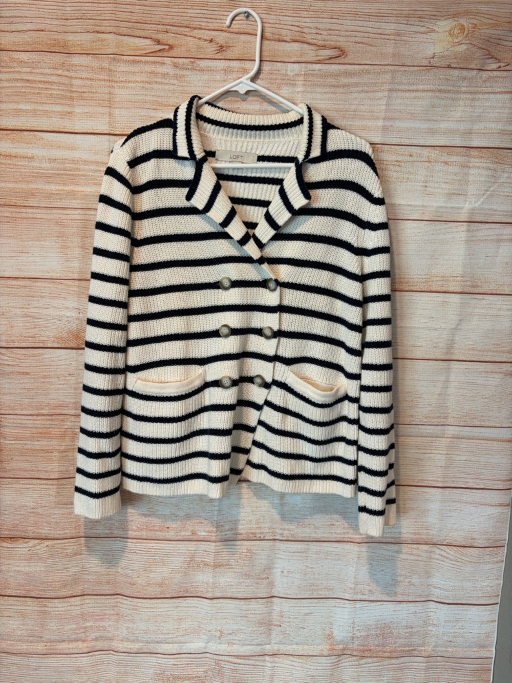 LOFT Cream & Black Striped Double-Breasted Knit Cardigan